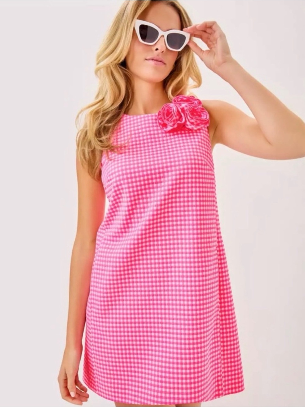Lilly Pulitzer Pink Gingham Sleeveless Shift Dress with Rosette